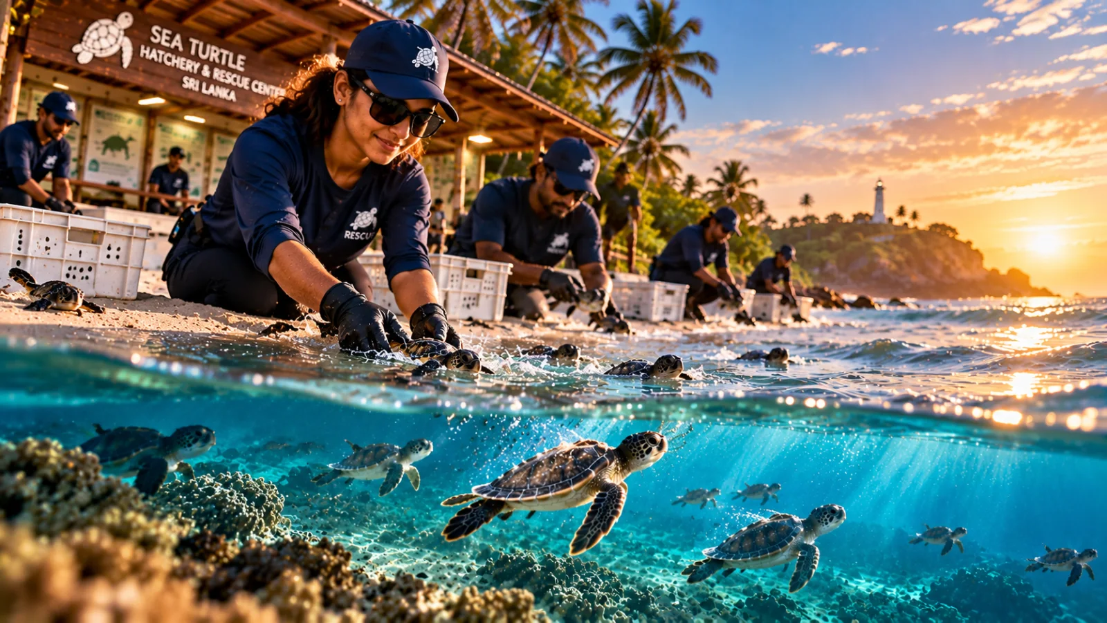 Concept artwork depicting a conservation worker caring for a sea turtle