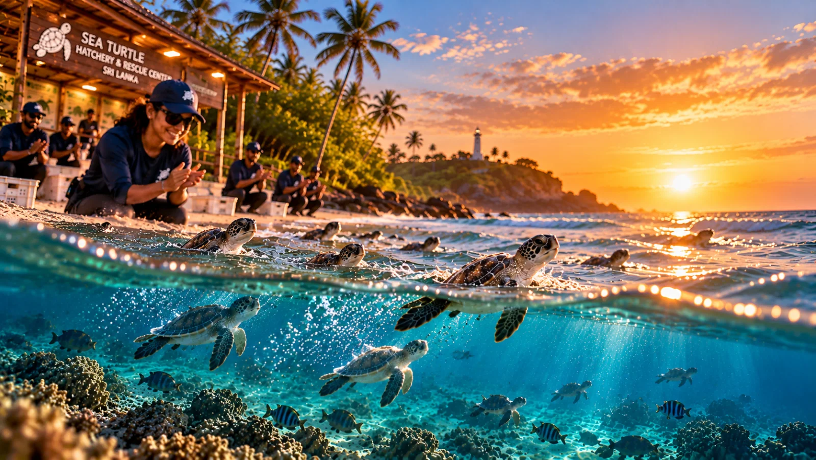 Concept artwork of hatchlings emerging from a sandy nest at sunset