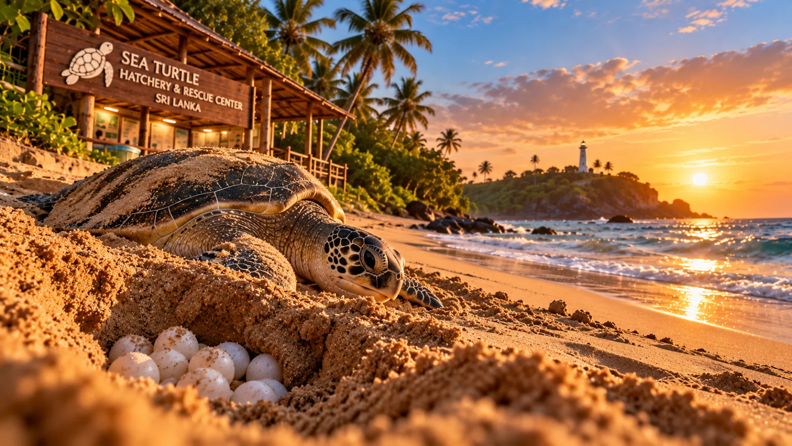 Concept artwork of a sea turtle and nest near a tropical hatchery