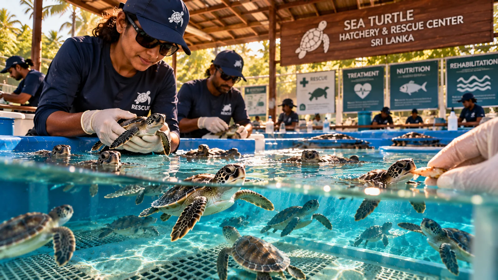 Concept artwork of turtles swimming near a hatchery habitat
