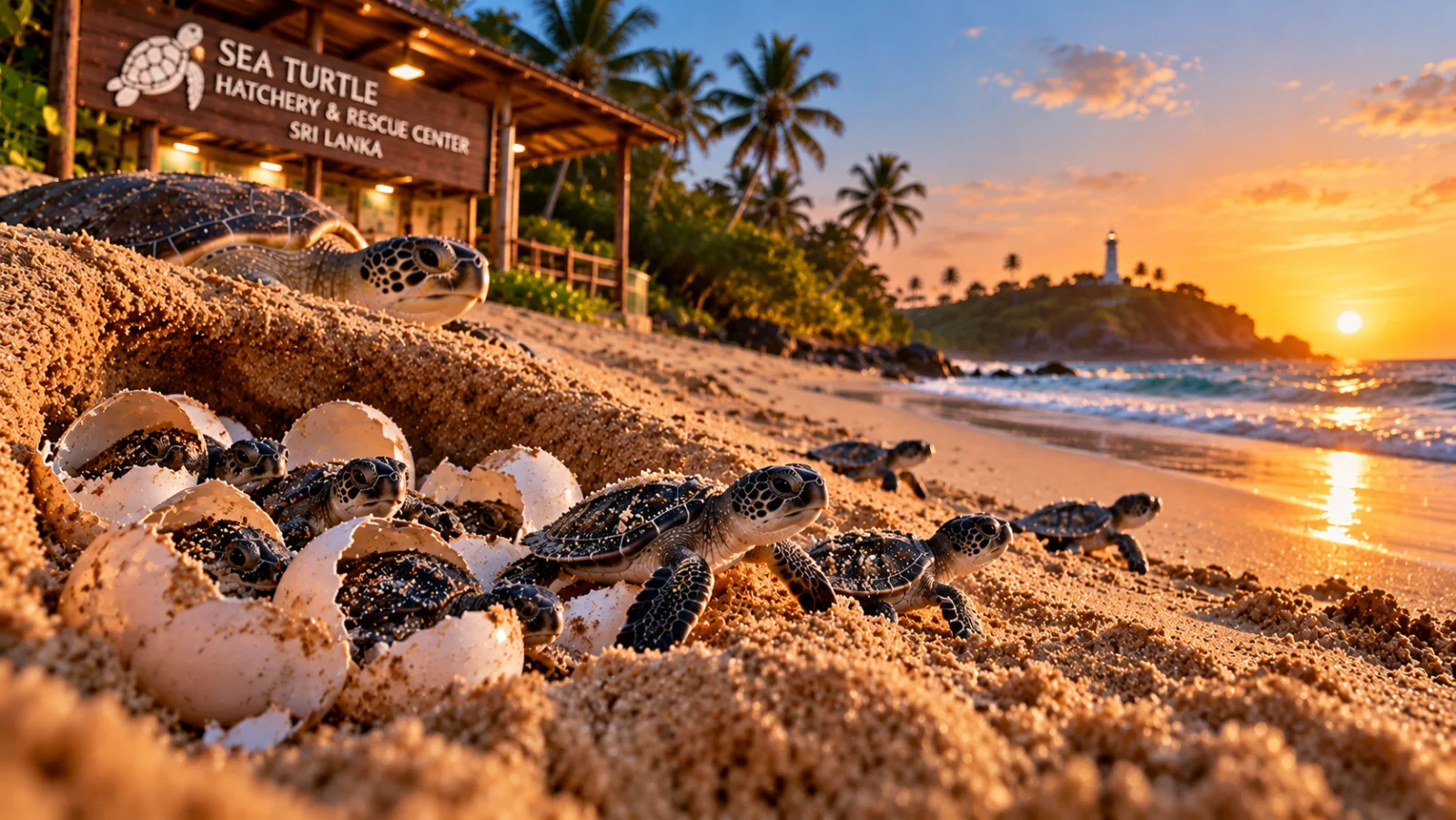 Concept artwork of hatchlings reaching the ocean with conservation staff nearby