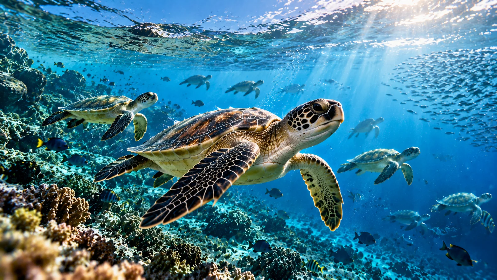 Concept artwork of a sea turtle swimming over a reef with other turtles in the distance